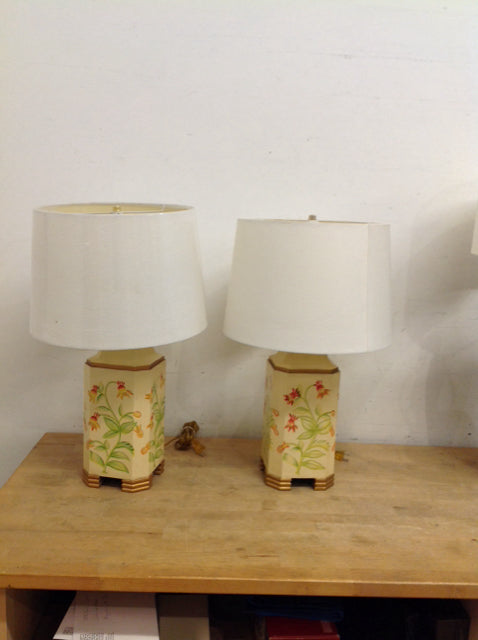 Pair 24" Integrated Hex Lamps w/Florals & Shades