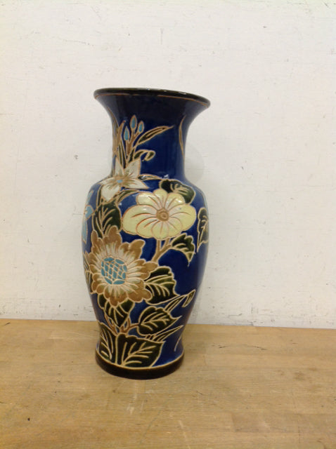 16" Ceramic Vase Blue/Tan Glazed Floral Features