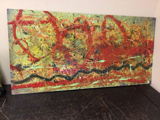 24" X 48" Lime Green/Yellow/Red Mixed Media On Board