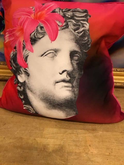 20" Fucshia/Orange Floral Statue Head Pillow