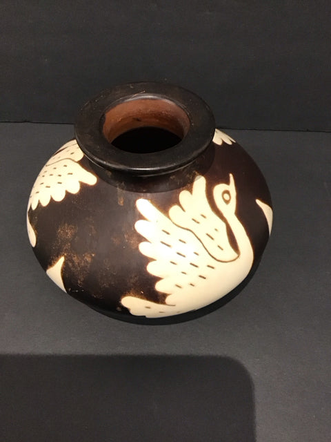 6" Brown Pottery Vase w/Painted Birds