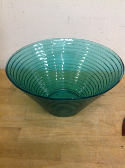 Bowl- 11" Aqua Ribbed Glass