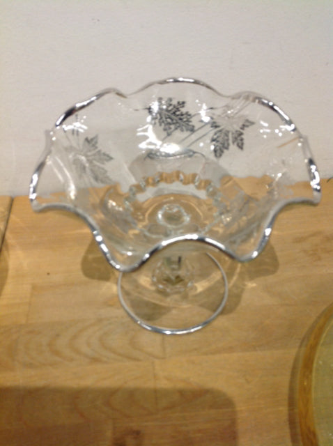 Bowl- 7" Footed Silver Leaf Glass
