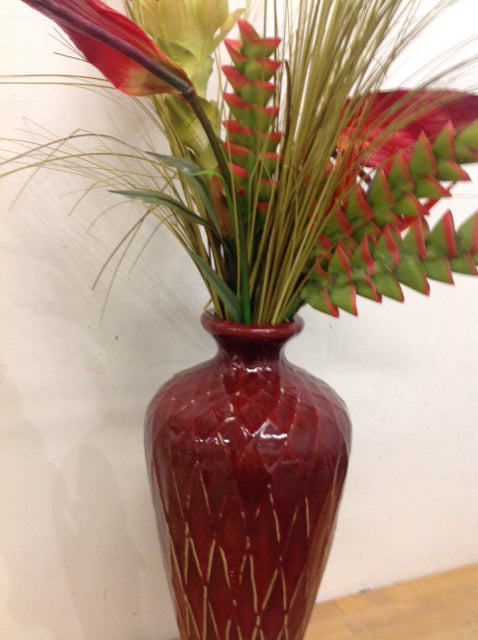 20" Red Ceramic Vase W Tropicals