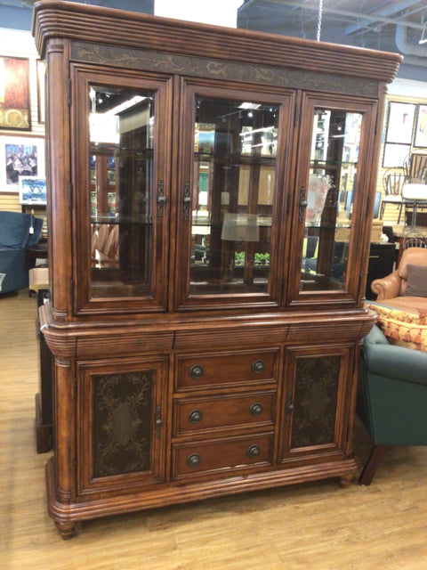 Dark Wood 2 Pc Metal Embroidered China Cabinet