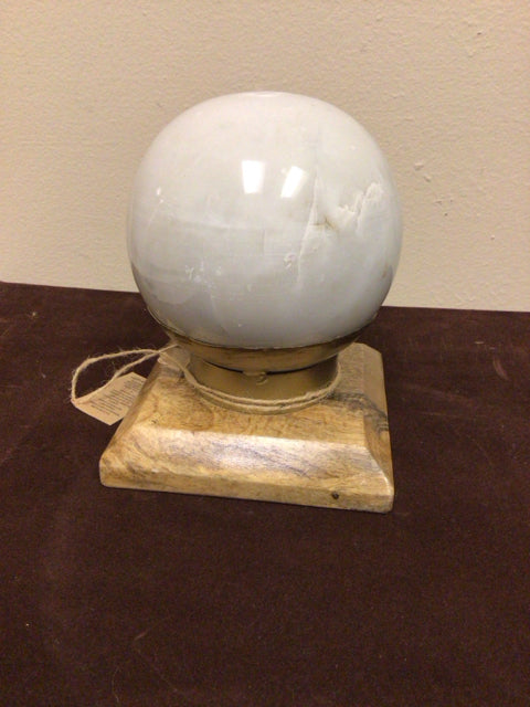 Stone Crystal Ball With Brass Accent On Wood Base