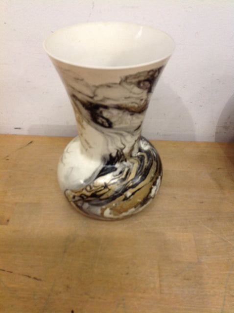Vase-9" White W Black & Gold Swirl