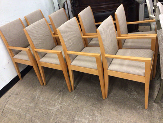 Set Of 8 Light Wood & Fabric Dining Arm Chairs