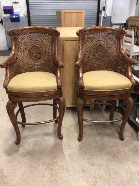 As-Is Pair Of Cane Back Swivel Upholstered Bar Stools