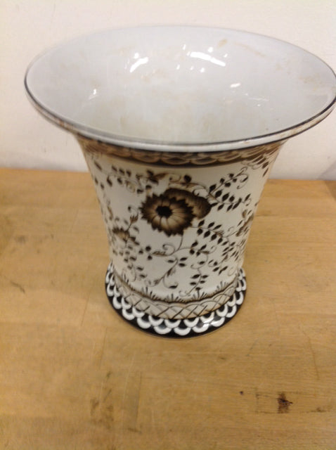 Vase- 8" Ceramic Black & White Floral