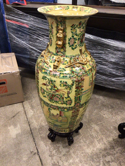 Tall Yellow Asian Floor Vase W/Stand