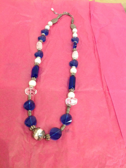 Necklace- Silver Pearl & Blue Glass Beaded