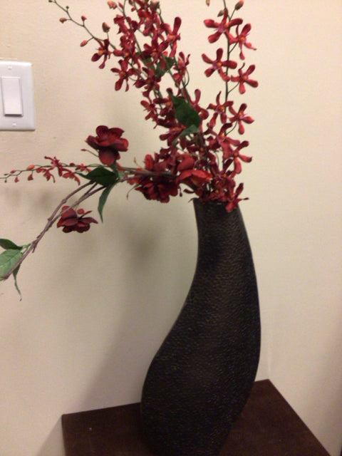 Faux Red Floral In Tall Metal Vase