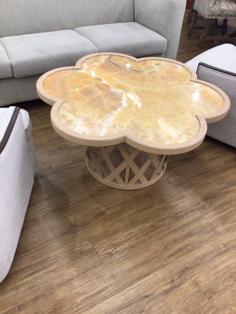 Custom Light Wood Petal Shaped Onyx Top Coffee Table