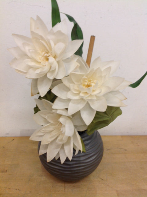 20" Grey Vase W White Flowers